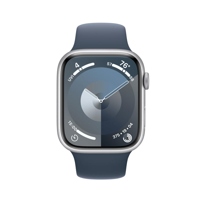 Apple Watch Series 9 (GPS + Cellular) ? 45mm Silver Aluminum Case with Storm Blue Sport Band (M/L) ? MRMH3LW/A
